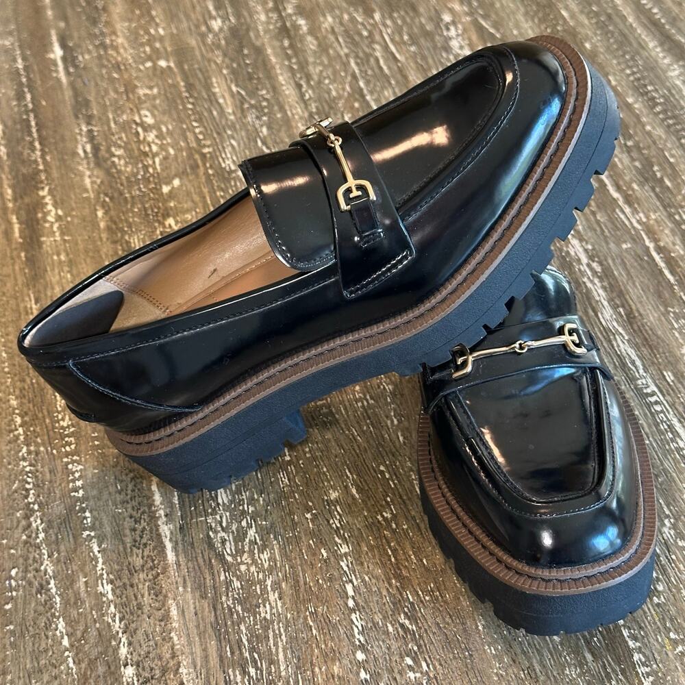Sam Edelman Laurs Lug Sole Loafer Patent Leather Black Gold Buckle Womens Size 8